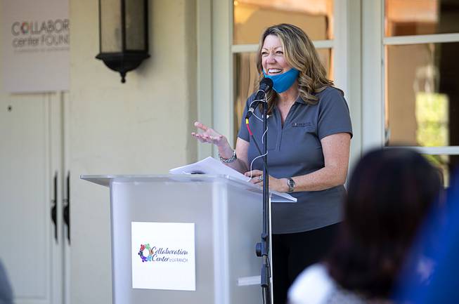 Lynda Tache, president and CEO of the Collaboration Center Foundation, speaks during the official opening of the Collaboration Center at LV Ranch Thursday, Sept. 24, 2020. The new campus will provide support services, therapy, group classes and recreation to individuals with disabilities.