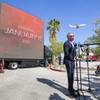Richard "Boz" Bosworth, president and CEO of JC Hospitality and Virgin Hotels Las Vegas, speaks with reporters during a news conference at the Virgin Hotels Las Vegas porte cochere Thursday, Sept. 24, 2020. Bosworth announced a Jan. 15, 2021 opening for the Virgin Hotels Las Vegas (formerly the Hard Rock Hotel).