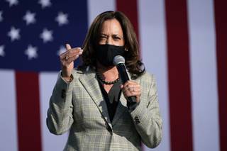 Democratic vice presidential candidate Sen. Kamala Harris, D-Calif., speaks at a drive-in campaign event Friday, Oct. 2, 2020, in Las Vegas. (AP Photo/John Locher)