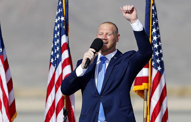Former professional wrestler Dan Rodimer, Republican candidate for Nevada's 3th Congressional District, speaks before a rally with U.S. Vice President Mike Pence at the Boulder City Municipal Airport Thursday, Oct. 8, 2020.