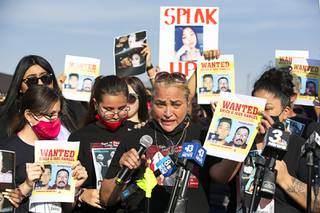 Aracely Palacio, mother of Lesly Palacio, speaks at a news conference during a fundraiser on East Lake Mead Boulevard Saturday, Oct. 10, 2020. Family members of of Lesly Palacio are trying to increase the reward money in an effort to find the people responsible for her murder.