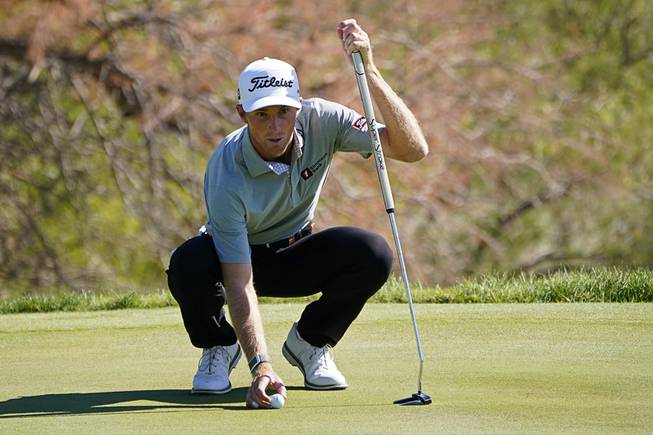 Will Zalatoris lines up a putt on the eighth green during the final round of Shriners Hospitals for Children Open golf tournament Sunday, Oct. 11, 2020, in Las Vegas.