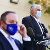 Nevada Governor Steve Sisolak, right, discusses details of a new Pandemic Emergency Technical Support (PETS) small business grant at the Latin Chamber of Commerce, downtown, Wednesday, Oct. 14, 2020.
