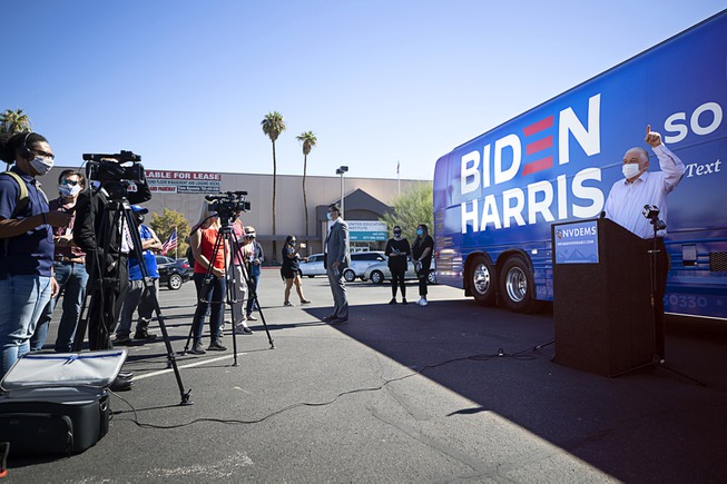 Nevada Governor Steve Sisolak speaks in front of a Biden-Harris ...