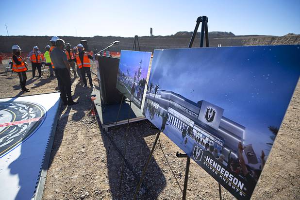 Artist illustrations are displayed during the celebration of a construction milestone at the Henderson Events Center construction site Wednesday, Oct. 28, 2020. The multi-purpose, 6,000-seat indoor events center will be the arena for the Henderson Silver Knights.