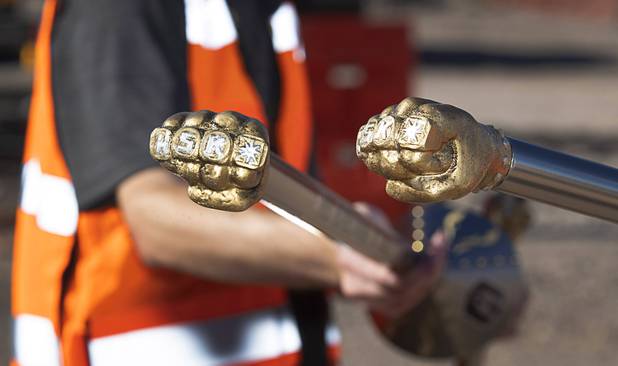 Ceremonial lances, tipped with Henderson Silver Knights fists, are displayed during the celebration of a construction milestone at the Henderson Events Center construction site Wednesday, Oct. 28, 2020. The multi-purpose, 6,000-seat indoor events center will be the arena for the Henderson Silver Knights.