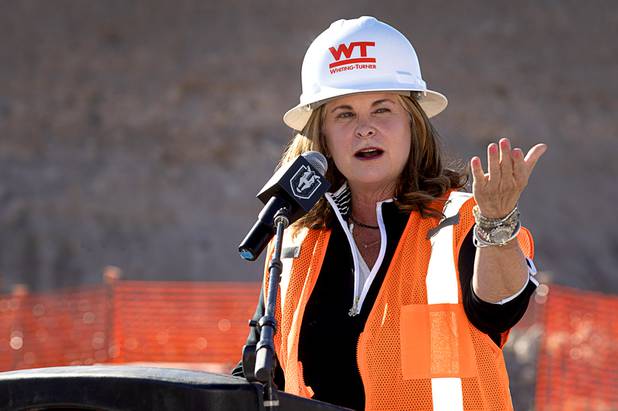 Henderson Mayor Debra March speaks during the celebration of a construction milestone at the Henderson Events Center construction site Wednesday, Oct. 28, 2020. The multi-purpose, 6,000-seat indoor events center will be the arena for the Henderson Silver Knights.