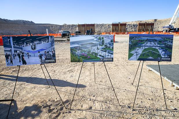 Artist illustrations are displayed during the celebration of a construction milestone at the Henderson Events Center construction site Wednesday, Oct. 28, 2020. The multi-purpose, 6,000-seat indoor events center will be the arena for the Henderson Silver Knights.
