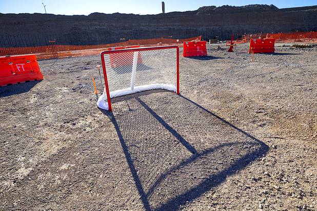 A hockey goal is shown during the celebration of a construction milestone at the Henderson Events Center construction site Wednesday, Oct. 28, 2020. The multi-purpose, 6,000-seat indoor events center will be the arena for the Henderson Silver Knights.
