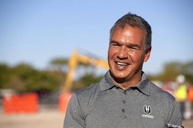 Silver Knights Head Coach Manny Viveiros smiles during an interview at the Henderson Events Center construction site Wednesday, Oct. 28, 2020. The multi-purpose, 6,000-seat indoor events center will be the arena for the Henderson Silver Knights.