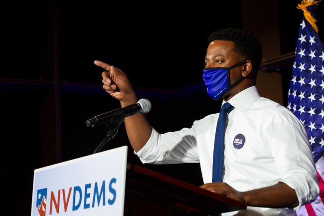 William McCurdy II, NV Dems chair and Clark County Commission candidate, speaks to the media on election night, Tuesday Nov. 3, 2020, during a NV Dems watch party at Springs Preserve.