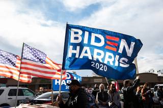Supporters of President Elect Joe Biden and Vice President Elect Kamala Harris  celebrate victory as they prepare to depart for a car parade down Las Vegas Blvd. Saturday Nov. 7, 2020.