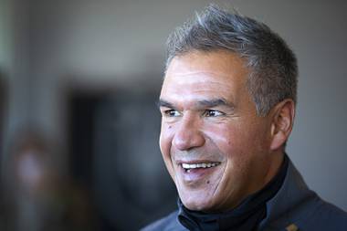 Manny Viveiros, head coach for the Henderson Silver Knights, is interviewed during the opening of the Lifeguard Arena in Henderson Tuesday, Nov. 10, 2020. Viveiros removed his face covering for the interview. The arena is the practice facility for the Henderson Silver Knights.