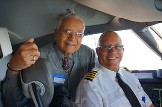 Ron McGee and his father Charles McGee in the cockpit of a Boeing 787 in 2011.