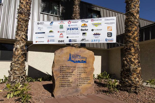A stone slab recognizing donors is seen outside the Las Vegas Rescue Mission's women and children facility during an unveiling ceremony for the new renovations Tuesday, Nov. 17, 2020.
