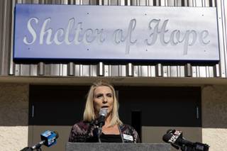 Las Vegas Rescue Mission CEO Heather Engle speaks during an unveiling ceremony for the its newly renovated women and children's facility Tuesday, Nov. 17, 2020.