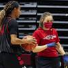 First-year UNLV basketball coach Lindy La Rocque instructs senior guard Bailey Thomas during a practice ahead of the 2020-21 season. Thomas, a product of Centennial High, is the reigning Mountain West defensive player of the year.