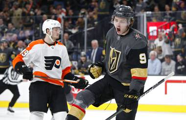 Golden Knights center Cody Glass celebrates after scoring against the Philadelphia Flyers during the second period of an NHL hockey game Thursday, Jan. 2, 2020, in Las Vegas. 