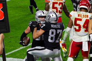 Las Vegas Raiders tight end Jason Witten (82) celebrates with Foster Moreau (87) after scoring a touchdown against the Kansas City Chiefs during the fourth quarter of their game at Allegiant Stadium Sunday, Nov. 22, 2020.
