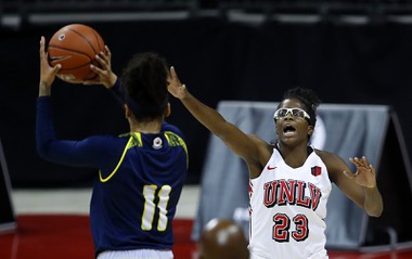 UNLV forward Desi-Rae Young guards Northern Arizona’s Jacey Bailey at the Thomas & Mack Center Nov. 25, 2020. Young, who was not heavily recruited out of high school, was the Lady Rebels’ most valuable player in 2020-21. 