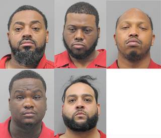 Suspects in a series of ATM thefts throughout the City of Henderson. Top, from left: Stanley Booker of Houston, Texas, Demarcus Dosewell of Houston, Texas, Dominique Owens of Houston, Texas. Bottom, from left: Jecorian McCutcheon of Houston, Texas, and George Densley of Las Vegas, Nevada.