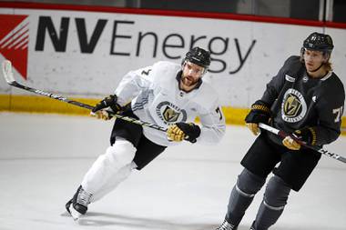 Vegas Golden Knights defenseman Alex Pietrangelo (7) skates with the team during training camp at City National Arena Wednesday, Jan. 6, 2021.  Forward William Karlsson (71) is at right.