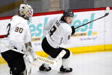 Vegas Golden Knights center Cody Glass (9) skates during training camp at City National Arena Wednesday, Jan. 6, 2021. Goaltender Robin Lehner (90) is at left.