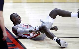 UNLV Rebels forward Cheikh Mbacke Diong (34) celebrates after making a basket and drawing a foul during a game against the New Mexico Lobos at the Thomas & Mack Center Saturday, Jan. 16, 2021.