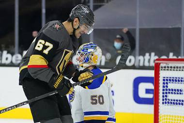 Vegas Golden Knights left wing Max Pacioretty (67) celebrates after scoring against St. Louis Blues goaltender Jordan Binnington (50) during the second period of an NHL hockey game Tuesday, Jan. 26, 2021, in Las Vegas.