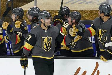 Vegas Golden Knights left wing Max Pacioretty (67) celebrates after scoring his third goal against the St. Louis Blues, during the third period of an NHL hockey game Tuesday, Jan. 26, 2021, in Las Vegas.