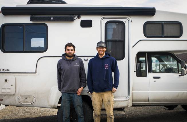 Nico Monforte, 26, left, and Matt Linder, 29, pose in front of a 1987 Toyota Sunrader built by Linder. The Sunrader is their company's "proof of concept" for the TruckHouse BCT, a $300,000 recreational vehicle they're manufacturing in Sparks, Nevada.