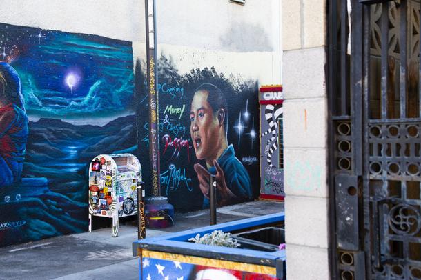 A mural of Tony Hsieh is painted on a wall in the Fremont East District, downtown, Thursday, Feb. 4, 2021.