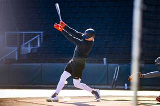 San Francisco Giants infielder Drew Robinson nicks the ball during a live batting practice at the Las Vegas Ballpark, Thursday, Feb. 11, 2021.