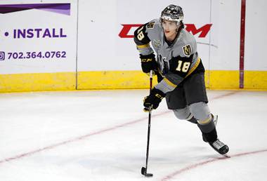 Henderson Silver Knights forward Peyton Krebs (18) warms up before the Silver Knights’ season opener against the Ontario Reign at the Orleans Arena Saturday, Feb. 6, 2021.