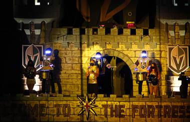 Vegas Vivas and the Drumbots perform from the Castle during a game against the Colorado Avalanche at T-Mobile Arena Tuesday, Feb. 16, 2021.