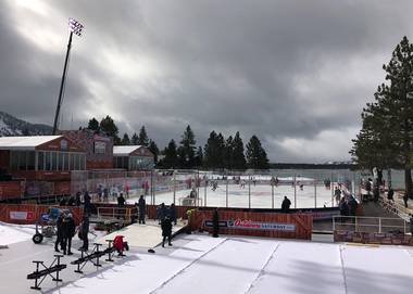 The Golden Knights practice at an outdoor rink at the Edgewood Tahoe Resort next to Lake Tahoe on Feb. 19, 2021, in Stateline.