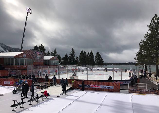 The Golden Knights practice at an outdoor rink at the Edgewood Tahoe Resort next to Lake Tahoe on Feb. 19, 2021, in Stateline.