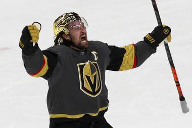 Vegas Golden Knights right wing Mark Stone celebrates as his team wins in overtime against the Minnesota Wild at T-Mobile Arena, Monday, March 1, 2021.