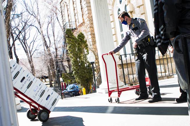 Nevada Capitol Police on March 4, 2021, receive boxes delivered by the Nevada GOP, with what they described as 120,000 "election integrity violation reports" alleging widespread voter fraud during the 2020 election.