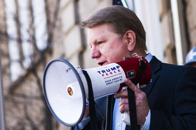 Former Nevada Assemblyman Marchant addresses a crowd in front of the Nevada Capitol Thursday March 4, 2021, where the Nevada GOP delivered what they described as 120,000 "election integrity violations reports" alleging widespread voter fraud during the 2020 election.