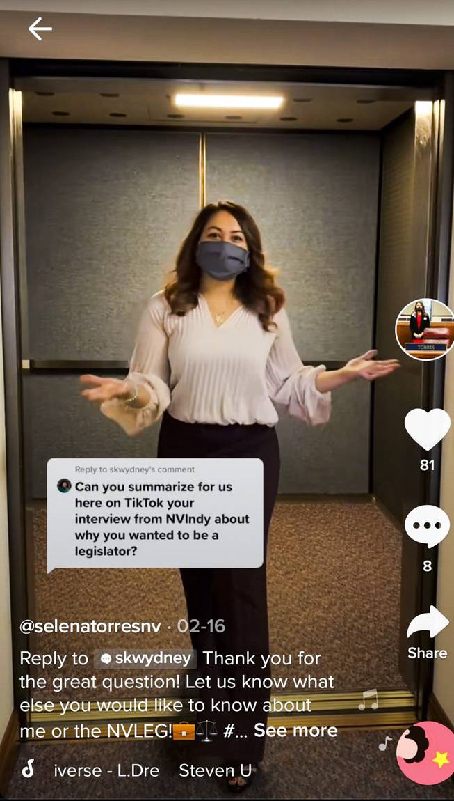 A screen grab shows a Tik Tok post by Nevada Assemblywoman Selena Torres from the Nevada Legislature building in Carson City on March 3, 2021.  Assemblywoman Torres uses Tik Tok as a teaching tool to reach her younger student. RICARDO TORRES-CORTEZ