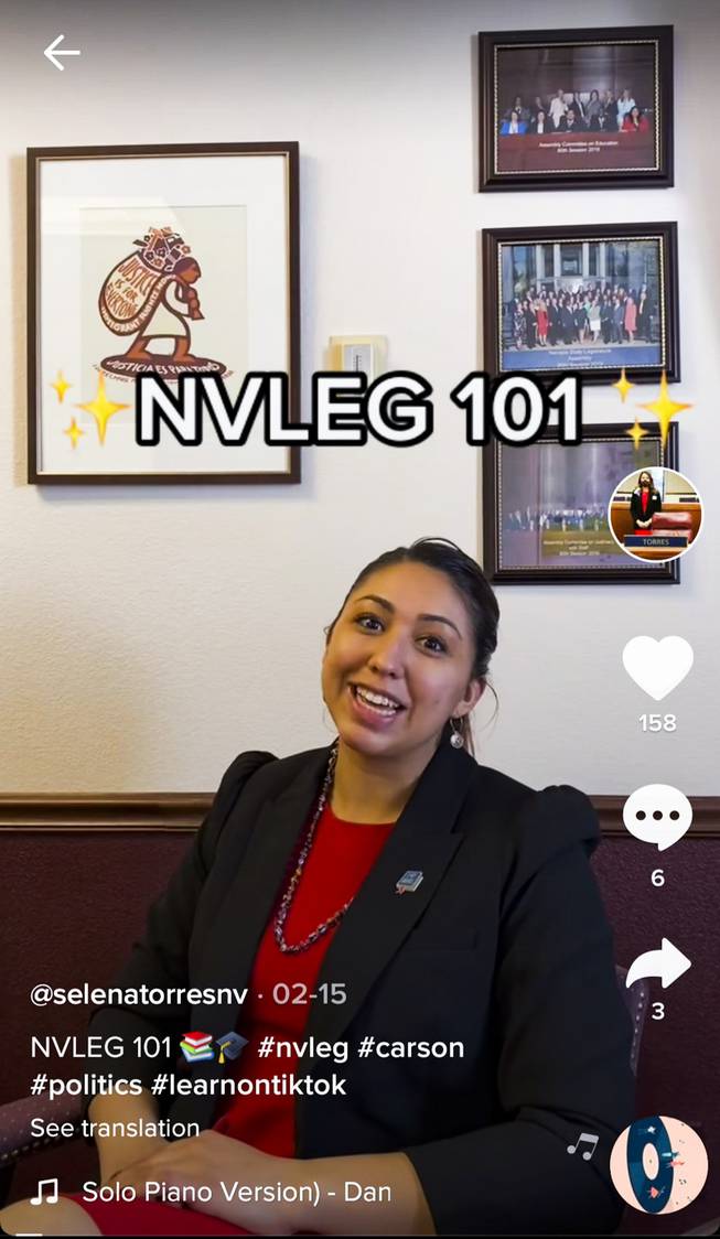 A screen grab shows a TikTok post by Nevada Assemblywoman Selena Torres from the Legislative Building in Carson City on March 3, 2021.  Assemblywoman Torres uses TikTok as a teaching tool to reach her younger students.