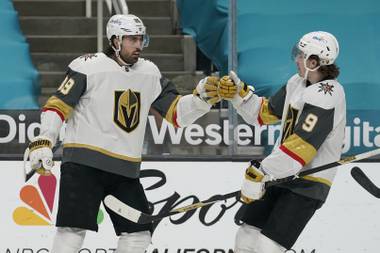 Vegas Golden Knights right wing Alex Tuch, left, is congratulated by center Cody Glass (9) after scoring against the San Jose Sharks during the second period of an NHL hockey game in San Jose, Calif., Saturday, March 6, 2021. 