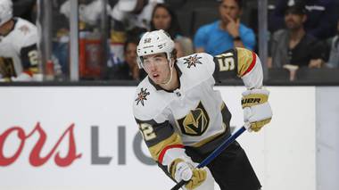 Golden Knights defenseman Dylan Coghlan (52) against the San Jose Sharks during an NHL preseason hockey game in San Jose, Calif., Saturday, Sept. 21, 2019. 