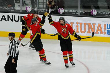 Vegas Golden Knights captain Mark Stone (61) celebrates after scoring against San Jose in the third period of their game at T-Mobile Arena, Monday, March 15, 2021. The Golden Knights beat the Sharks 2-1.