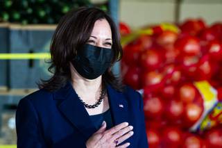 Vice President Kamala Harris greets the audience during a cross-country stimulus package tour stop at the Culinary Academy of Las Vegas, Monday, March 15, 2021. Vice President Harris says the tour is not to tout, but to explain the $1.9 trillion American Rescue Plan, the economic recovery act to help the country out of the economic crisis caused by the pandemic.