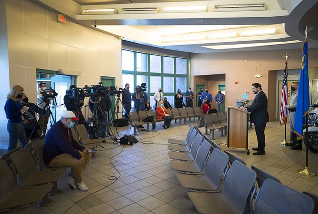 Clark County Commissioner Michael Naft speaks during a news conference at Metro Police Traffic Division Wednesday, March 24, 2021. Metro Police detectives are seeking the public's help in solving two fatal hit and run accidents.