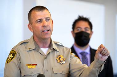 Metro Police Lt. Greg Munson speaks during a news conference at Metro Police Traffic Division Wednesday, March 24, 2021. Clark County Commissioner Michael Naft listens at right. Detectives are seeking the public’s help in solving two fatal hit and run accidents.