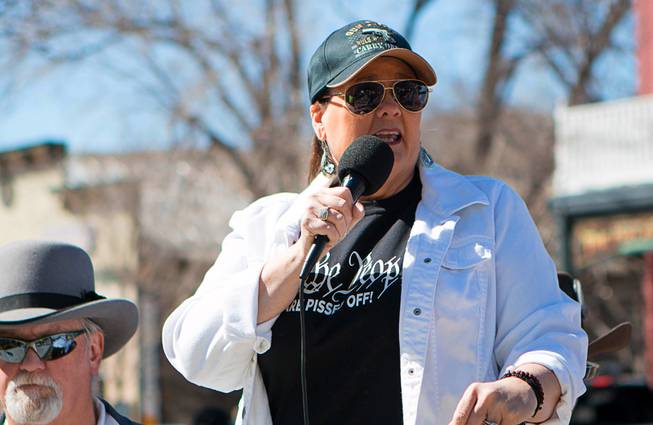Right-wing radio host Monica Jaye, a candidate for U.S. Congress, speaks during a pro-gun rally at the Nevada State Capitol complex in Carson City Saturday, March 27, 2021. Protesters at the rally say they are opposed gun control legislation, including AB 286, which would ban ghost guns, or firearms without serial numbers, which are often built at home. About 100 people attended the rally.