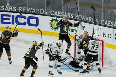 The Vegas Golden Knights celebrate after scoring against the LA  Kings in the second period of their game at T-Mobile Arena, Monday, March 29, 2021.